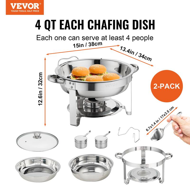VEVOR Chafing Dish Buffet Set 4 Qt 2 Pack Stainless Steel Round