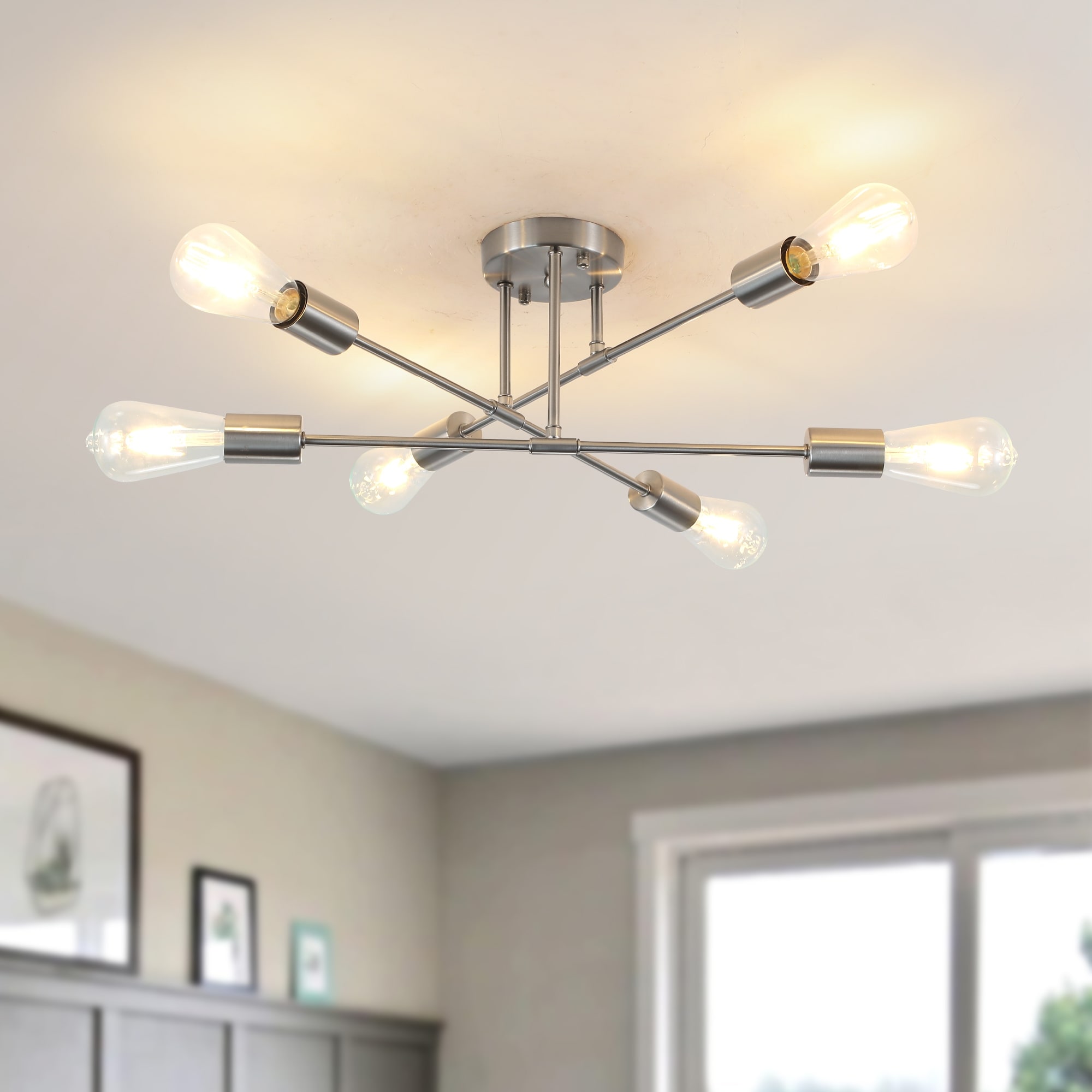 6-Light Modern Sputnik Ceiling Light Fixture, Industrial Semi Flush Mount Ceiling for Living Room, Closet