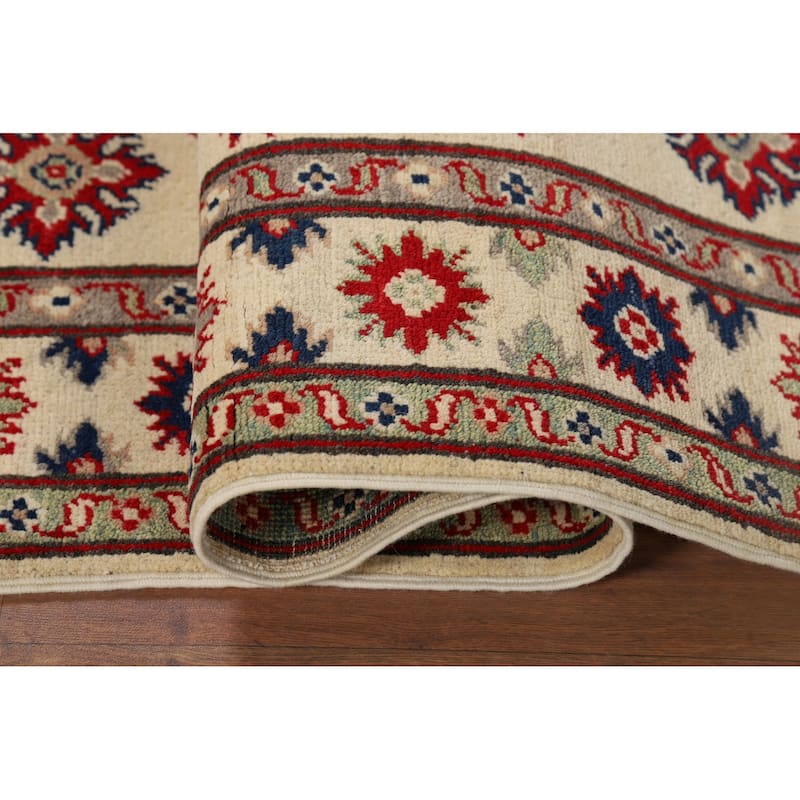 Geometric Ivory Kazak Oriental Accent Rug Handmade Wool Carpet - 3'5" x 4'11"