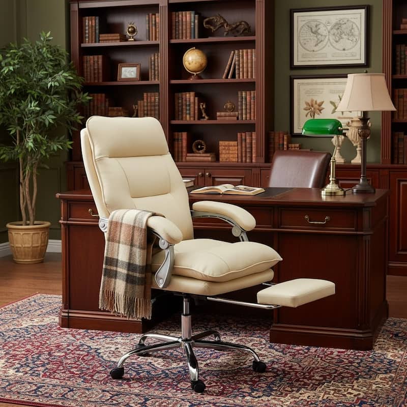 Reclining Executive Office Chair with Footrest - White