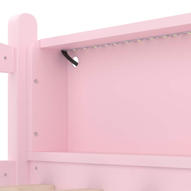 Twin Loft Bed with Storage Shelves, Solid Wood Lower Loft Bed with LED Lights and Full-length Guardrails