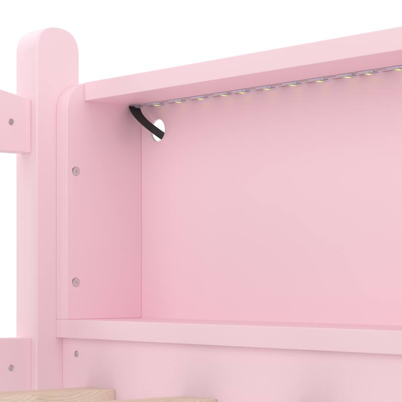 Twin XL Loft Bed with Storage Shelves, Solid Wood Lower Loft Bed with LED Lights and Full-length Guardrails