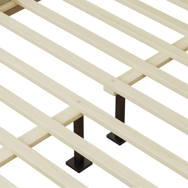Solid Wood Platform Bed, Queen/King Bed Frame with Rattan Headboard