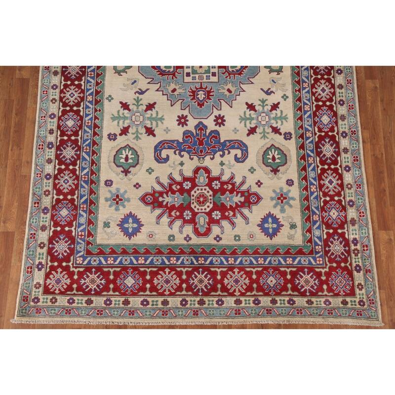 Hand Knotted Oriental 100% Wool Carpet Traditional Geometric Beige & Ivories Kazak Area Rug - 10' 1'' X 6' 7''