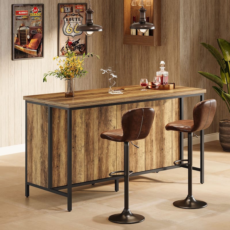 Industrial Bar Table 63 Inch, 2-Tier Storage Shelves, Rustic Wood Metal Frame for Kitchen Pub Living Room