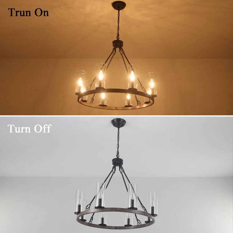 25.98inch 8-light Farmhouse Wagon Wheel Height Adjustable Chandelier With Glass Shade for Multiple Spaces