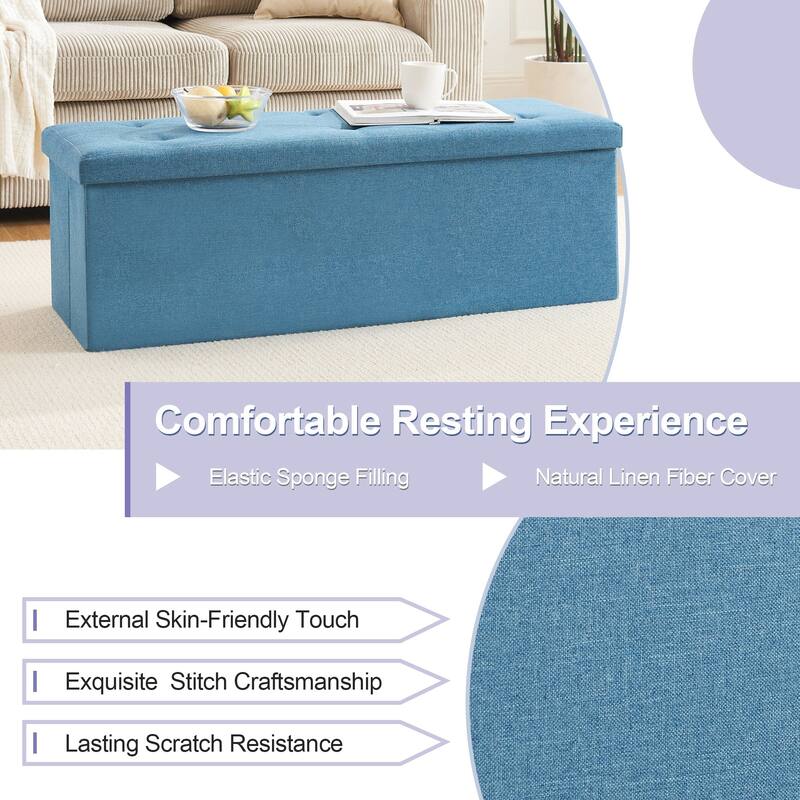 Javlergo 15" Foldable Storage Ottoman, Tufted Linen Foot Rest Stool/Seat Toy Chest
