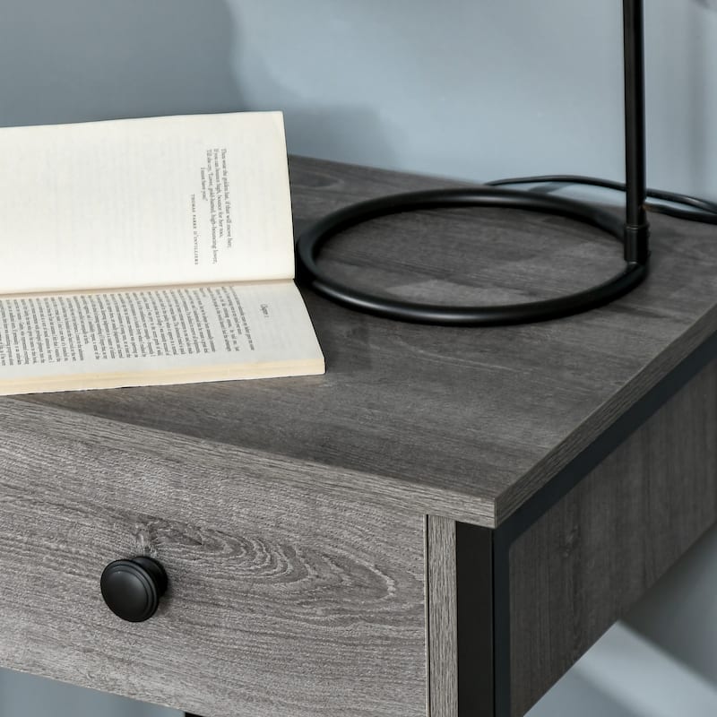 Gray Side Table with Drawer and Open Shelf Particleboard and Steel End Table for Living Room Office - 15.75" x 15.75" x 21.75"