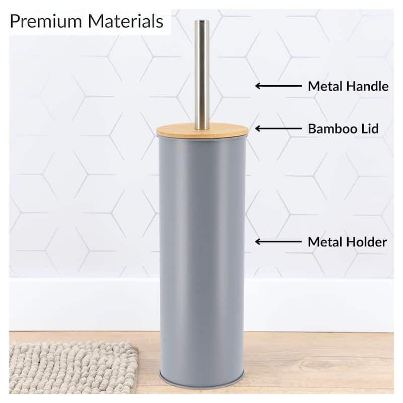 Metal Toilet Brush and Holder Set With Bamboo Lid