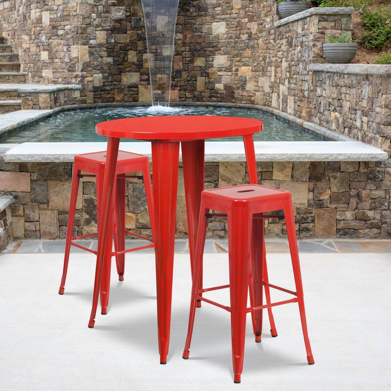 30'' Round Metal Indoor-Outdoor Bar Table Set with 2 Square Seat Backless Stools - 30"W x 30"D x 41"H - 30"W x 30"D x 41"H - Red