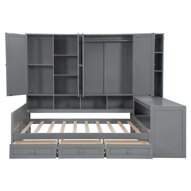 Full Size Daybed with Built-In Desk and Storage,4 Shelves, 2 Cabinets and 3 Drawers