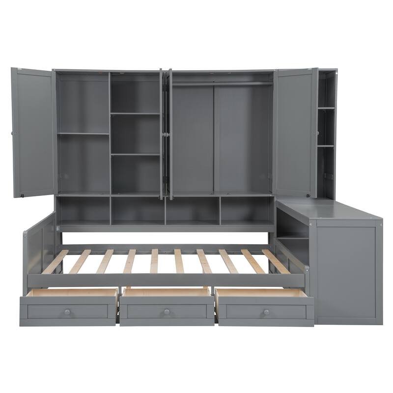 Wooden Daybed Frame All-in-One Bookcase Captains Bed with Storage Cabinet, Wardrobe, Side Writing Desk and 3 Bottom Drawers