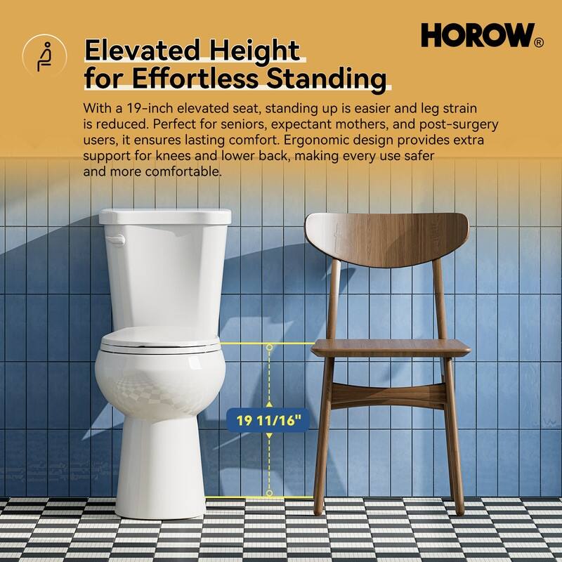 HOROW 2 Piece ADA Tall Single Flush Round Toilet White 1.28 GPF Strong Flush Soft Close Seat - 19 Inch