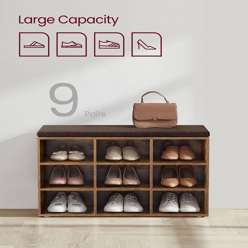 9-Compartment Storage Bench with Comfortable Linen-Look Seat Cushion for Shoes and Accessories - 11.9"D x 30.9"W x 18.9"H
