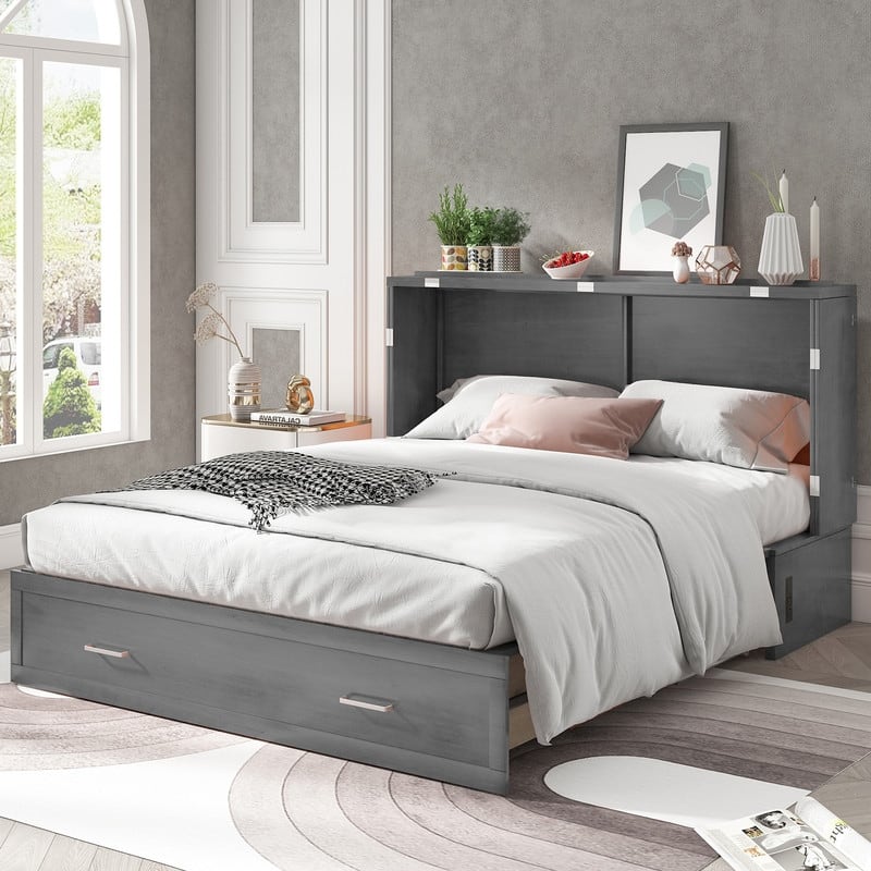 Mixoy Queen Murphy Bed Cabinet Bed Chest with Mattress,Drawers,USB Charging Station
