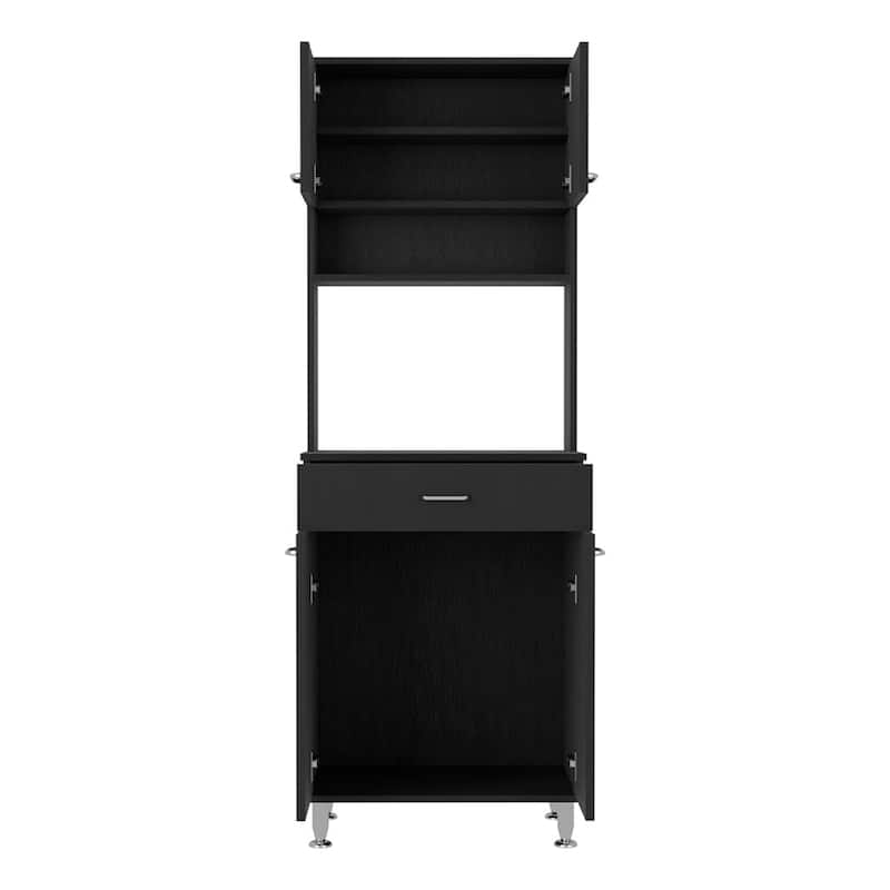 Pantry Cabinet 67" H, Four Doors, One Drawer, Three Internal Shelves, 2 External Storage Shelves, Microwave Storage Option