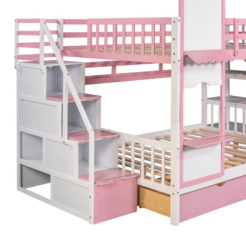 Castle Style Bunk Bed with 2 Drawers 3 Shelves and Slide