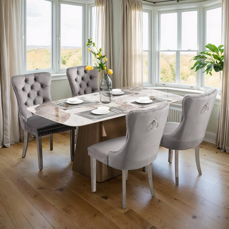 High-end Tufted Velvet Upholstered Nailhead Dining Chair Set of 4 - Grey Sliver