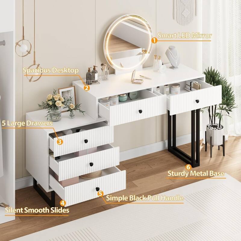 5 Drawers White Makeup Vanity Desk with Mirror and Lights