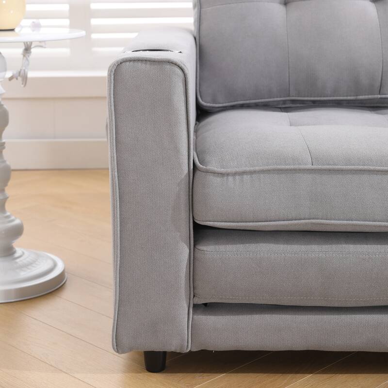 Upholstered Futon Sofa Convertible Sofa Bed Tufted Loveseat wFolding Mattress, Cup Holder & Pockets 2-seat Armchair