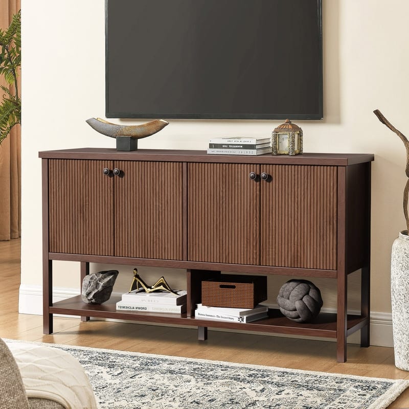 59" Sideboard Buffet Cabinet – Fluted 4-Door Storage, Farmhouse Accent Sideboard Large Console Table for Kitchen or Hallway