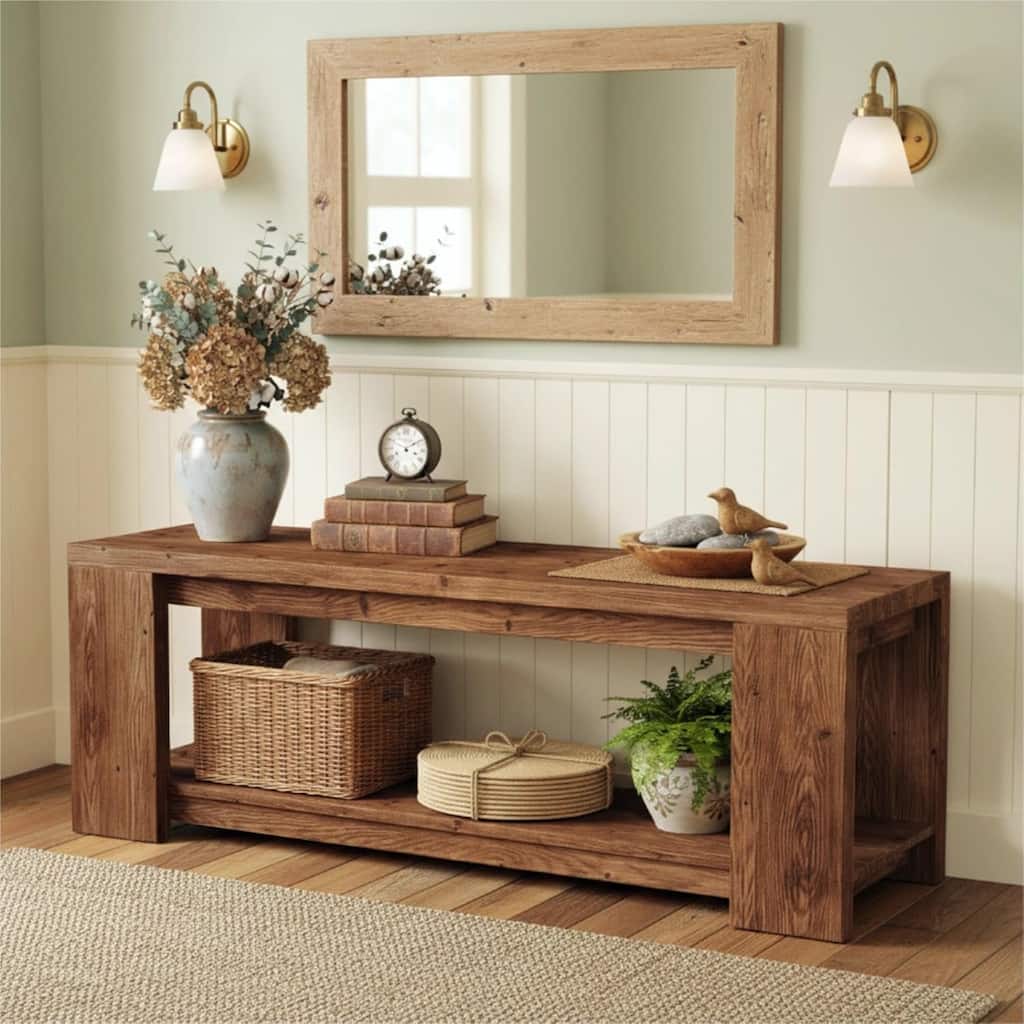 63" Solid Wood Console Table with Open Shelves, Entryway Accent Table for Entrance Living Room