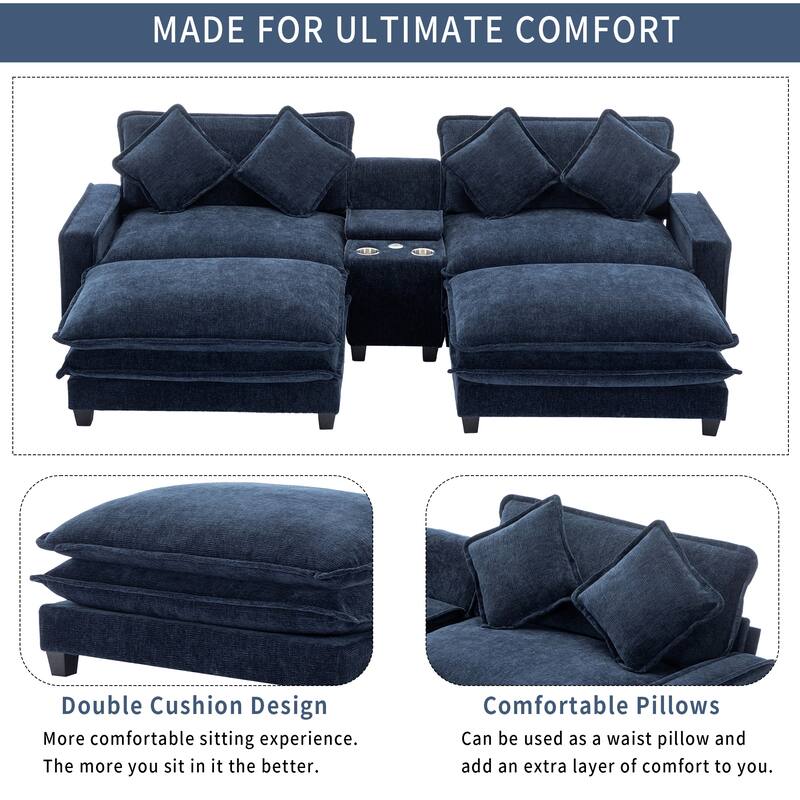 111" Chenille Sectional Sofa with 2 Ottomans, 2 USBs, 2 Cup Holders, Storage, Blue