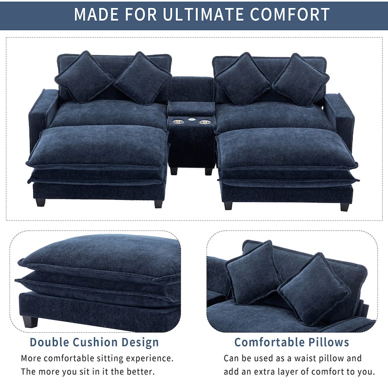 Roomfitters Chenille Sectional Sofa with 2 Ottomans, USB Ports, Cup Holders and Storage Box for Living Room
