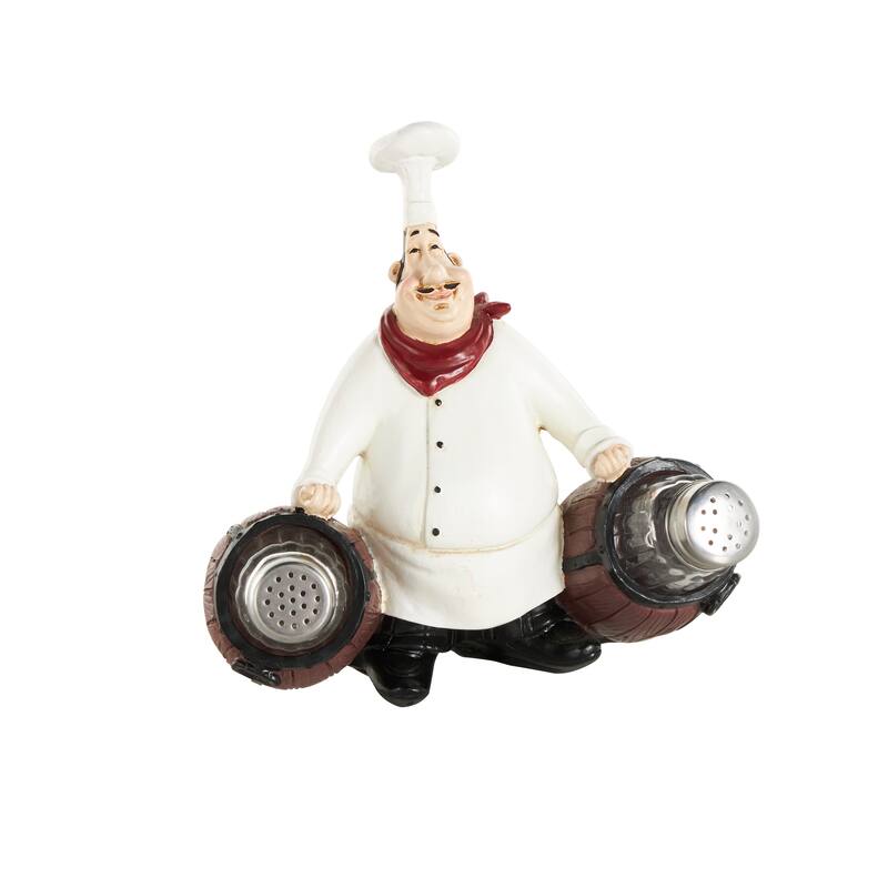 White Polystone Figurine Chef Salt and Pepper Shaker Holder with Wood
