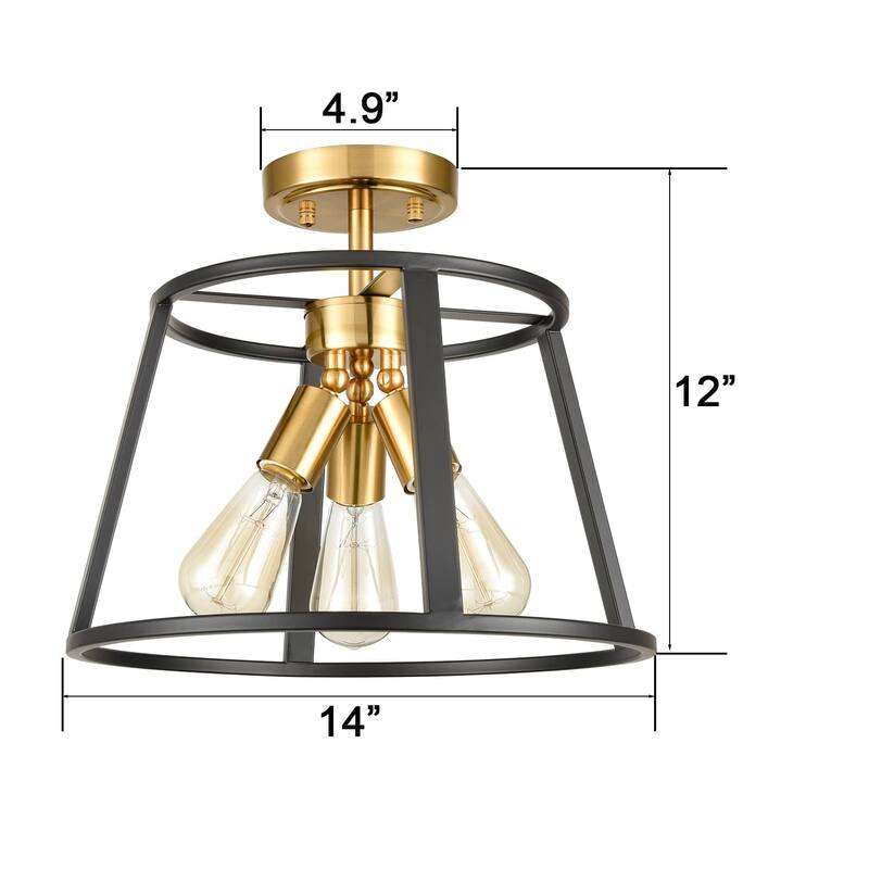 Canaria Modern 3-Light Semi Flush Mount Ceiling Light Brass and Black