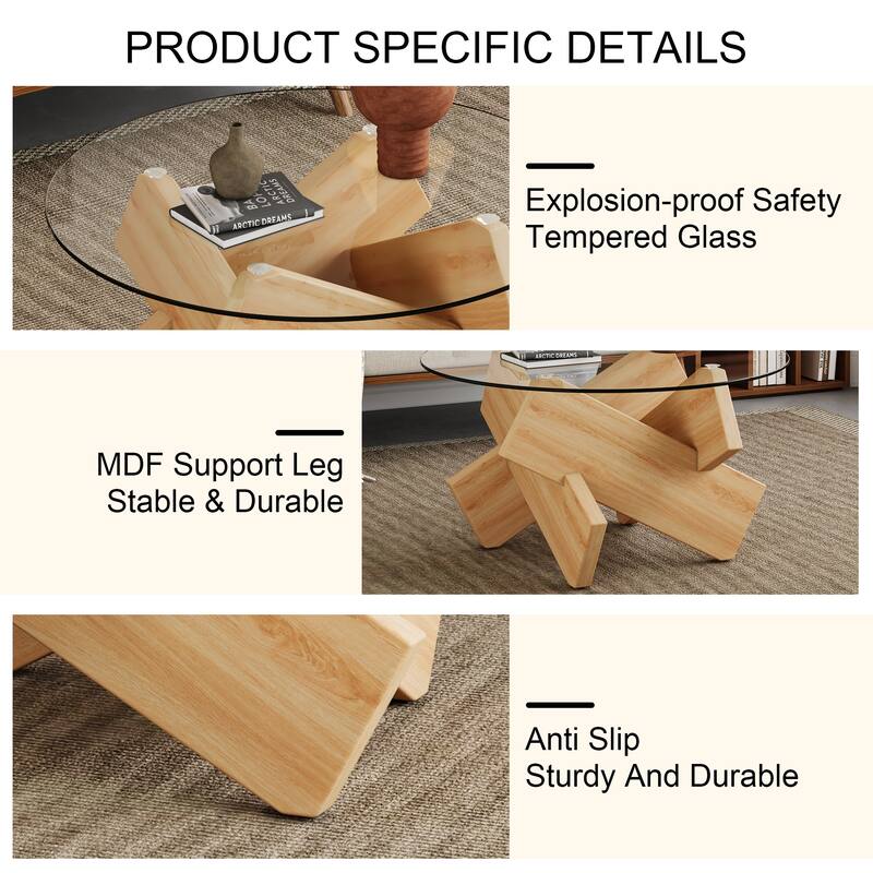 Roomfitters Round Glass Coffee Table with Wood Color MDF Legs, 33.4" Tempered Top Tea Table for Modern Homes