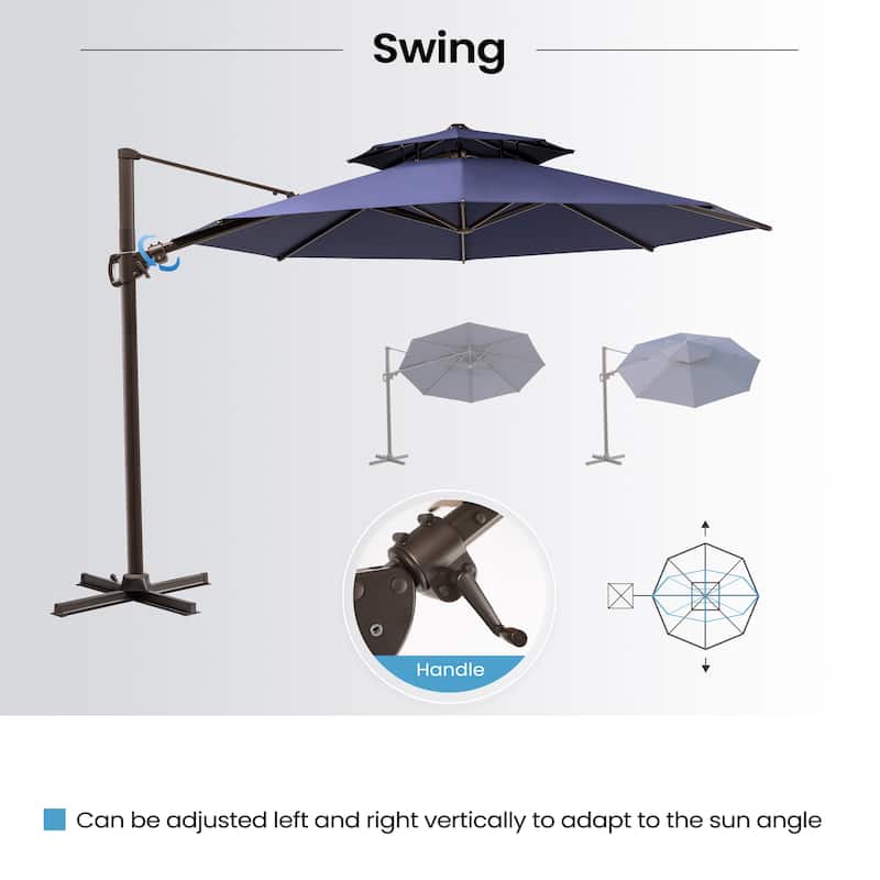 11 FT Outdoor Solar-Powered LED Light Aluminum Double Top Patio Cantilever Umbrella with Fillable Base