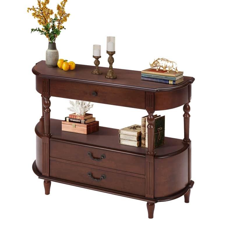 Retro 43" Curved Wood Console Table with 3 Drawers and Open Shelf, Sofa Table Behind Couch for Living Room and Hallway Storage
