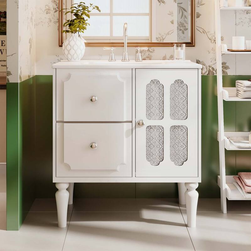Freestanding Single Vanity with Ceramic Sink,with 2 Drawers and Storage Cabinet