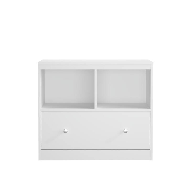 Modern White Storage Cabinet with Open Shelf and Drawer - Kids Playroom and Home Office Organizer