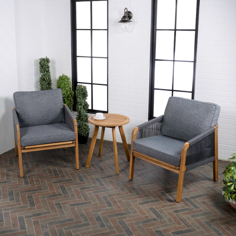 Porto 3-Piece Modern Bohemian Roped Acacia Wood Conversation Outdoor Patio Set with Cushions, by JONATHAN Y