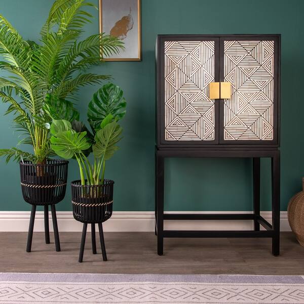 Set of 2 Bamboo Planters Stands MidCentury Tall Plant Pot with Stand