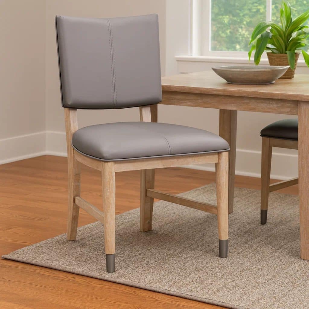 20 Inch Dining Chair, Faux Leather, Muted Natural Brown Wood Legs, Set of 2, Gray