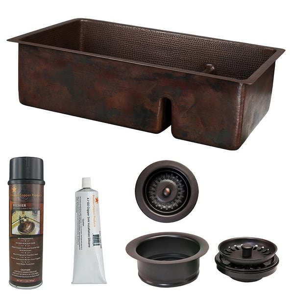 slide 2 of 15, 33-in Hammered Copper Kitchen 70/30 Double Basin Sink with Short 5-in Divider w/ Accessories (KSP3_K70DB33199-SD5)