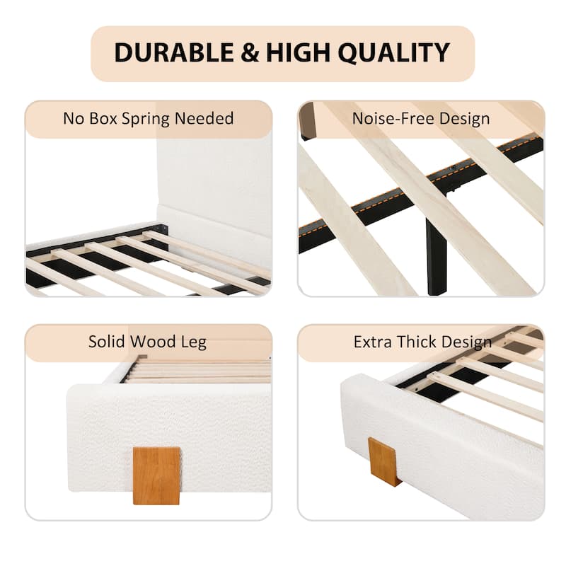 Christopher Knight Home - Verdes Modern Soft Boucle Upholstered Platform Bed with Solid Wood Legs, Trim & Padded Headboard