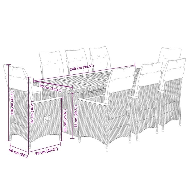 vidaXL Patio Bistro Set with Cushions Outdoor Garden Furniture Poly Rattan - 94.5 x 35.4 x 29.5