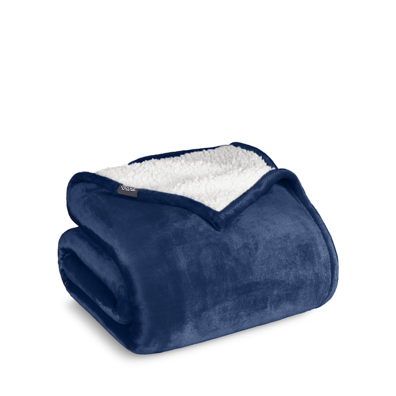 Bare Home Sherpa Fleece Blanket - Reversible Plush Bed Blanket - Throw/Travel - Dark Blue