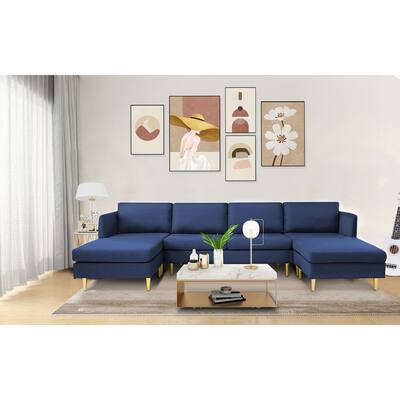 U-Shaped Convertible Sectional Sofa w/Chaise Longue & Movable Ottoman, Modern Upholstered Couch w/Metal Legs for Living Room