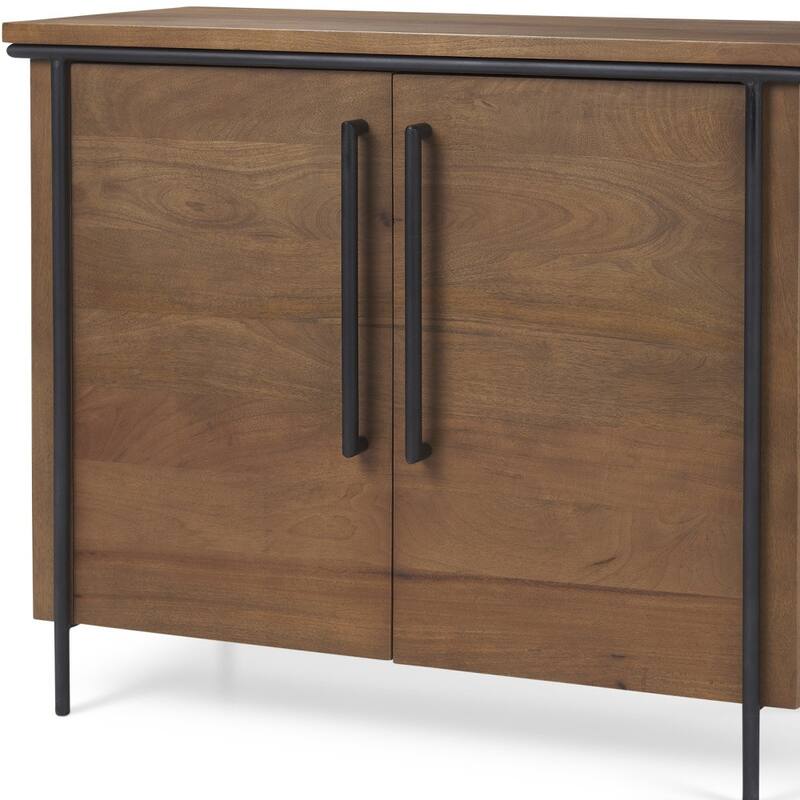 HomeRoots 40" Brown and Black Solid Wood and Metal Accent Cabinet With Two Doors