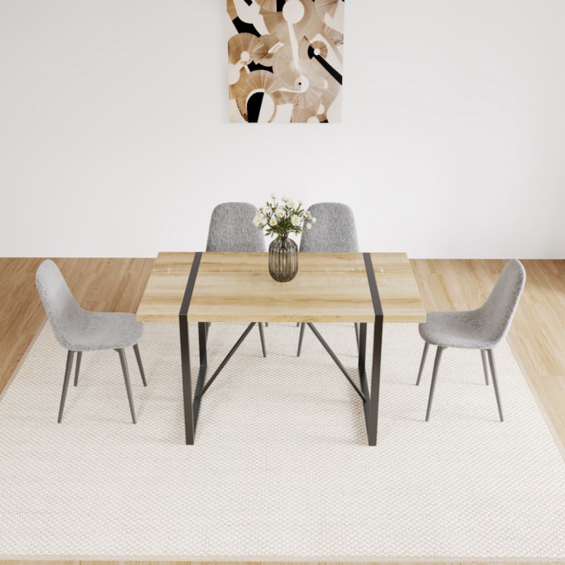 MDF Wood Colour Dining Table and Modern Dining Chairs Set of 4,Metal Base & Legs, Dining Room Table and Linen Chairs