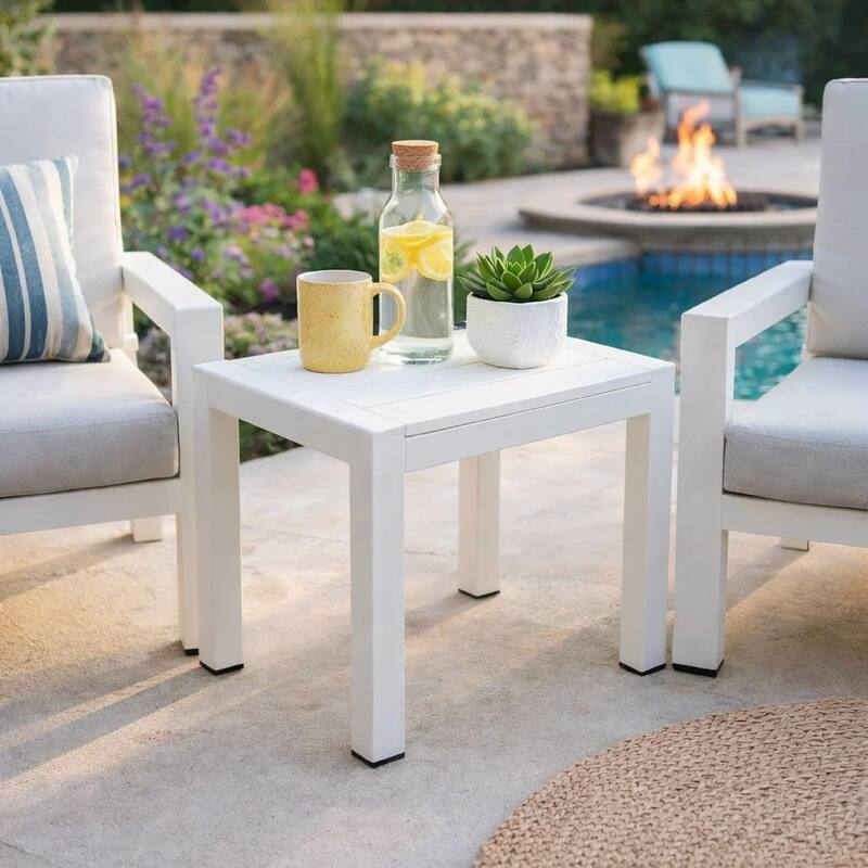 Josh 18 Inch Side End Table, Polyresin Planks, Crisp White Aluminum Frame