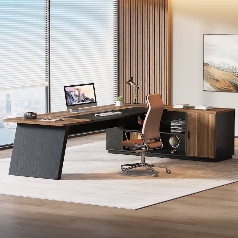 79 Inch Large Executive Office Desk with Cabinet, L-Shaped Desk with Storage Shelves, Wooden Corner Desk for Home Office