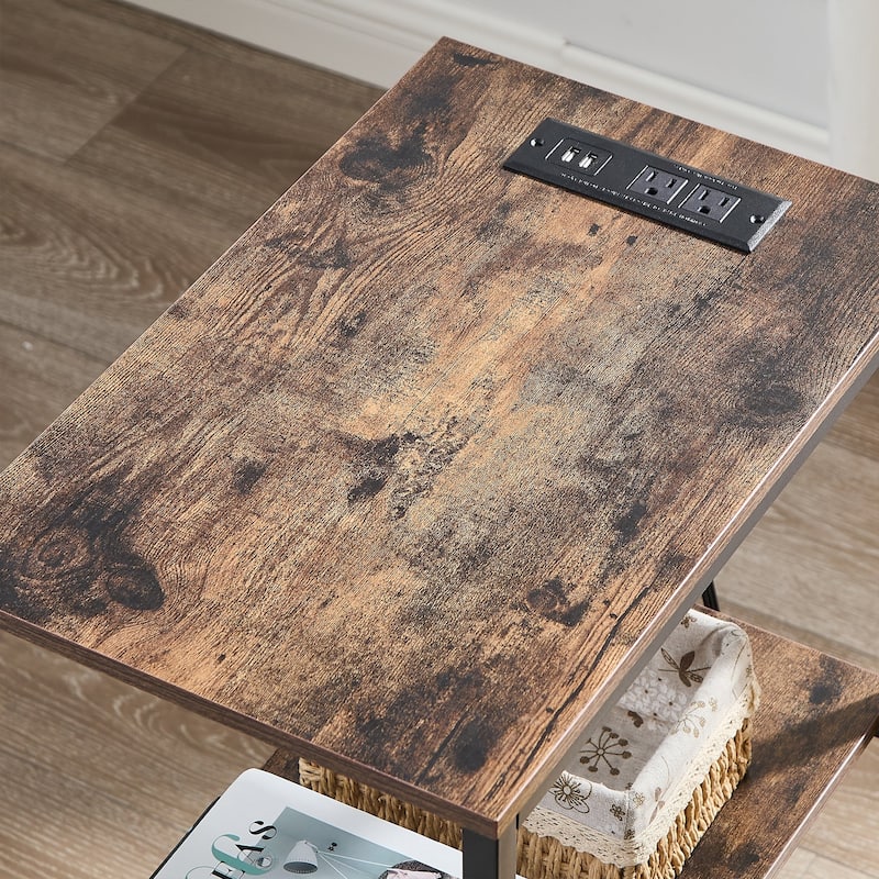 VECELO Industrial Nightstand with Charging Station 3-Tier End Table Bedside Table Black Steel Frame for Small Spaces