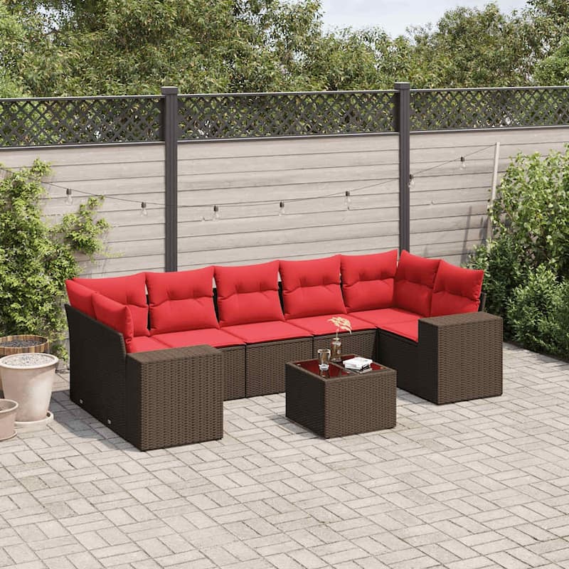 vidaXL 8 Piece Patio Sofa Set with Cushions Black Poly Rattan - 24.4" x 24.4" x 27.2" - Brown and red