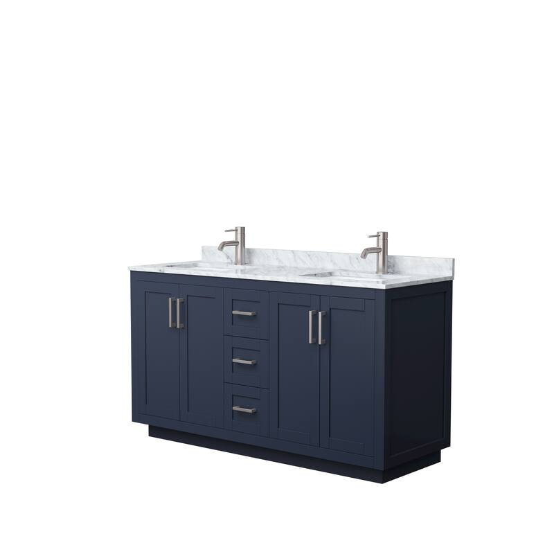 Miranda Double Vanity Set, White Carrara Marble Top, No Mirror - 60-Inch Double - Dark Blue, Nickel Trim, White Carrara Marble Top